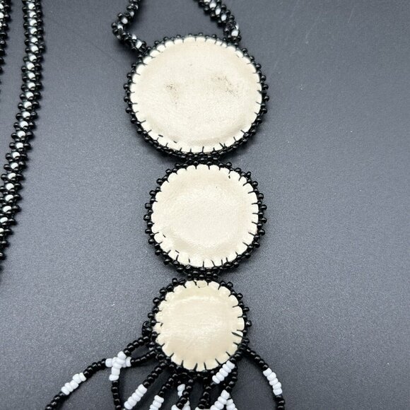 Seed Bead Necklace Native American Handmade Leather Back Medallion Black White - Picture 4 of 5